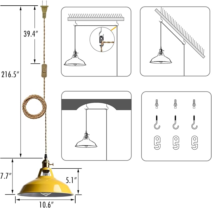 YUBOLE Nordic Plug in Hanging Pendant Light with Yellow Metal Barn Shade | 10.6"W Barn Shade, E26 Hanging Swag Light Fixture with Switch for Kitchen Bedroom Foyer Dining Bar Reataurant Cafe Loft