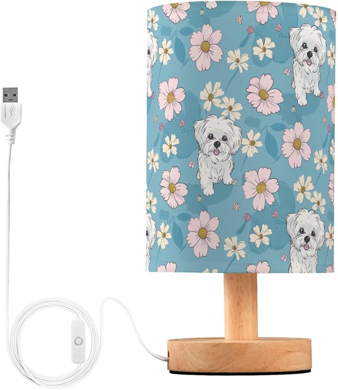 Fustylead Cute Cartoon Maltese Dogs and Daisy Floral Bedside Table Lamps with USB Port for Bedroom Lamp Accent Table Lamp Small Nightstand Lamp Linen Shade Decorative Lamps for Kids|Reading|Dome|Home