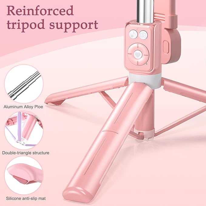 Selfie Stick Tripod with Fill Light, Phone Selfie Stick,Durable Stainless Steel Design,Bluetooth Remote Control,and Stable Three-Legged Support for Live Broadcasts,Video Shooting (Pink)