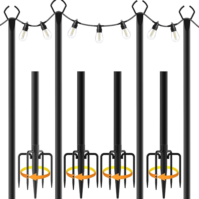 4 Pack String Light Poles,10 Ft Light Poles for Outside String Lights,Outdoor Lights Pole with Fork,Metal Poles Stand for Patio Deck Backyard (10FT 4 Pack)