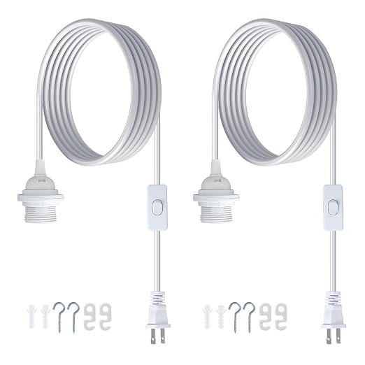 2 Pack White Hanging Light Cord, 16FT Plug in Pendant Light Cord Kit | DIY Lamp Kit, Vintage Hanging Light Kit, E26 E27 Pendant Light Fixture, Adjustable Light Socket Hanging Paper Lantern Light