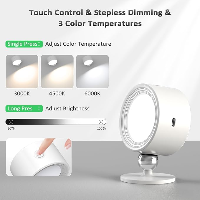 Racokky LED Wall Lights 2 Pcs with Remote, Wall Sconces Lamp 3000mAh Rechargeable Battery Operated, 3 Color Temperatures & Dimmable Magnetic 360° Rotation Cordless Light for Bedroom Reading(White)
