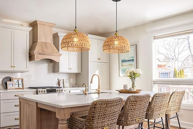 Hanging Lamps Rattan Pendant Light,Cord Bamboo Pendant Light Fixture Hanging Lamp Boho Ceiling Light Fixtures Farmhouse Pendant Lamp Shape for Living Room Bedroom Kitchen,30CM,E26 Base