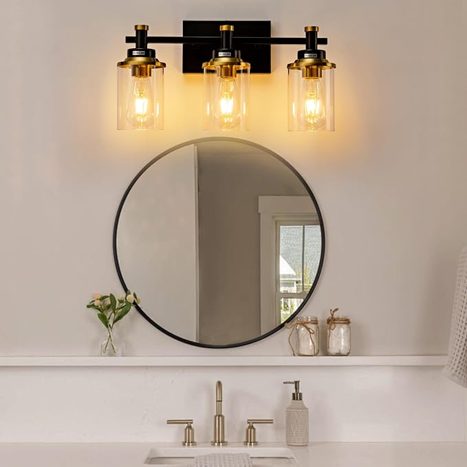 3 Light Bathroom Light Fixtures, Black and Brushed Gold Vanity Light Fixture Over Mirror, Modern Wall Sconces Lighting Wall Lamp for Bathroom, Bedroom, Hallway with Clear Glass Shade