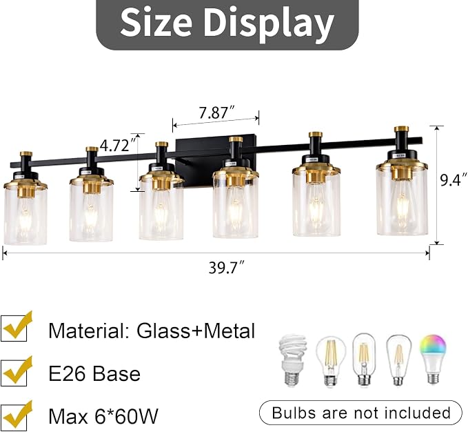 6 Bathroom Vanity Lights, Black and Gold Bathroom Light Fixtures, Sconces Wall Lighting with Clear Glass Shade, Modern Brushed Gold Vanity Lighting Fixtures for Bathroom, Bedroom, Hallway