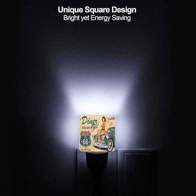 LED Night Light,Diner Route 66 Vintage Girl Red Skirt LED Night Light Plug into Wall with Dusk to Dawn Light Sensor White Energy Efficient Nightlight for Bedroom Bathroom Hallway Living Room Kitchen