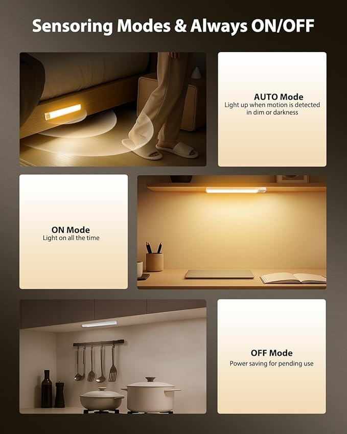10” Under Cabinet Lighting, 68LEDS Motion Sensor Light Indoor, Rechargeable Battery Magnetic Closet Light, Wireless Under Counter Lights for Kitchen, Stairs, 2-Pack Warm Light