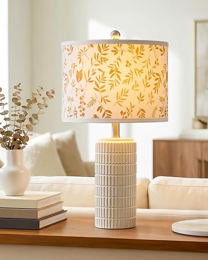 PoKat 23'' Dried Flowers Table Lamp for Bedroom Nightstands, Birthday Gifts for Women Mom, House Warming Gifts New Home Decor, Ceramic Lamp for Living Room Nursery, Modern Bedroom Lamp for Dresser