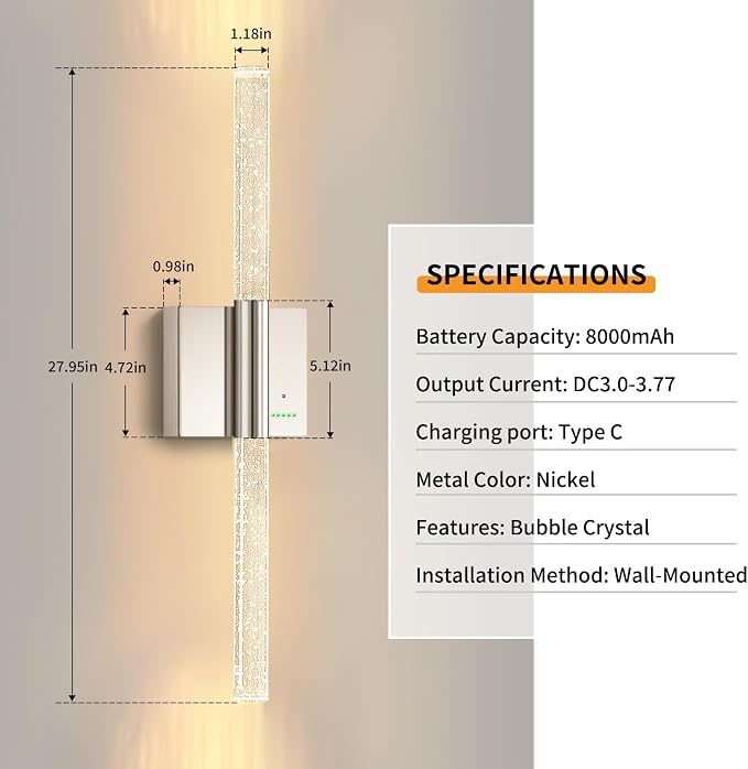 Battery Operated Wireless Wall Sconces, 2 Pack Dimmable Wall Lighting | Slypadan Extra Large Rechargeable Crystal-Inspired Bubble Modern LED Lantern for Indoor Corridor Entrance Hall, 28in Nickel
