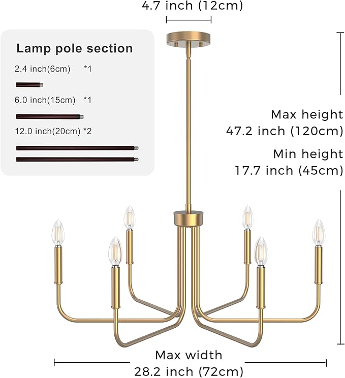 DORESshop Modern Chandelier for Dining Room, 6-Light 28" Gold Farmhouse Chandelier for Dining Room, Dining Light Fixtures Over Table for Bedroom Hall Kitchen Living Room