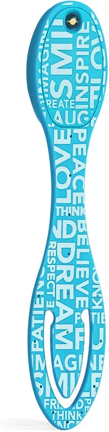 Gifts for Readers & Writers Book Light, Clip On Reading Light for Bed, 2in1 Flexilight & Bookmark, Small & Lightweight with a Soft Glow, 2 Batteries Included, Blue Words