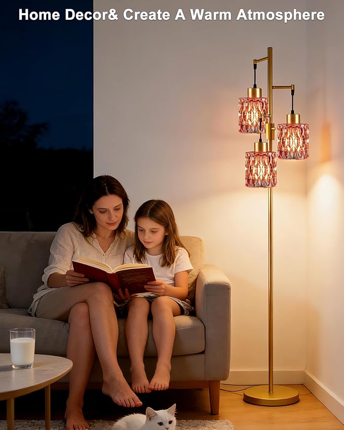 Lightdot 67" 3-Light Glass Floor Lamp for Living Room, Dimmable with Deep Red Glass Shade & E12 Bulbs Included, Mid Century Standing Tall Lamp with 5Lbs Heavy Base for Bedroom/Sofa Beside - Gold