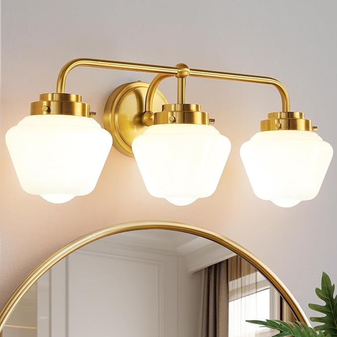 RUIYEY Bathroom Vanity Light Fixtures: 3-Lights Gold Vanity Lights Over Mirror, 17 Inch E26 60W Modern Bathroom Lighting Fixture with Milky White Glass for Bath Restroom