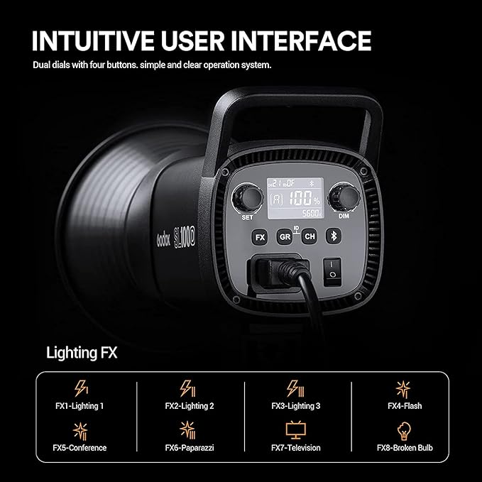 Godox SL100D LED Video Light,100W TLCI≥97 CRI≥96,5600K Continuous Lighting, 8 FX Lighting Effects, 32100Lux @1M Bowens Mount COB LED Continuous Light for Video Shooting,Content Creating,Photography