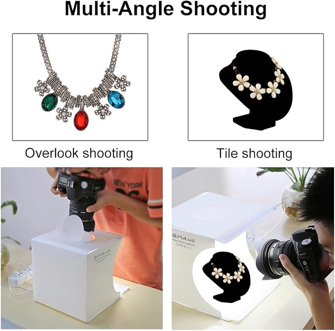 Mini Photo Studio Light Box, PULUZ Portable Folding Photography Lighting Tent Kit with 5500K LED Lights 6 Color Backdrops for Small Items Products Photography 21cm