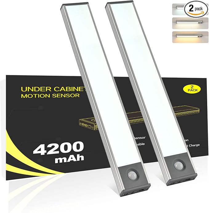 Under Cabinet Lighting, 4200mAh Motion Sensor Light, 3CCT, 2 Pack | 11 Inch USB-C Fast Charging, Battery Operated, 10s/20s Delay, 240lm & 5-Level Dimmable, Magnetic for Kitchen & Closet, Indoor