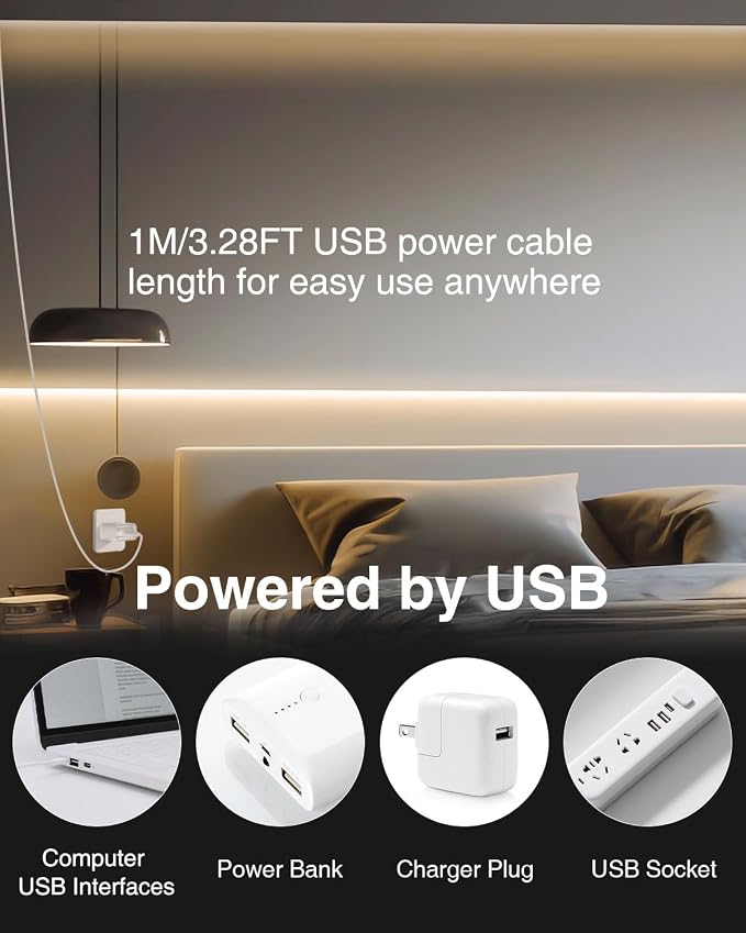 Aclorol 5V COB LED Strip Light 6.56FT 640LEDs Warm White LED TV Backlight with 1M USB Cable Flexible Under Cabinet Tape Light for Living Room Wardrobe Desk area Shelves Mirror Home Decoration (2 PACK)