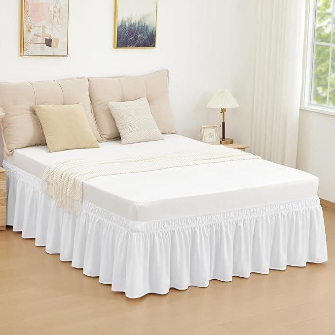 RIMELA Bed Skirt Twin Size Bright White 15 Inch Drop, Wrap Around Elastic Bedskirt, Dust Ruffle for Adjustable Bed Base Soft Durable Fabric Machine Washable Easy to Install Bed Skirts