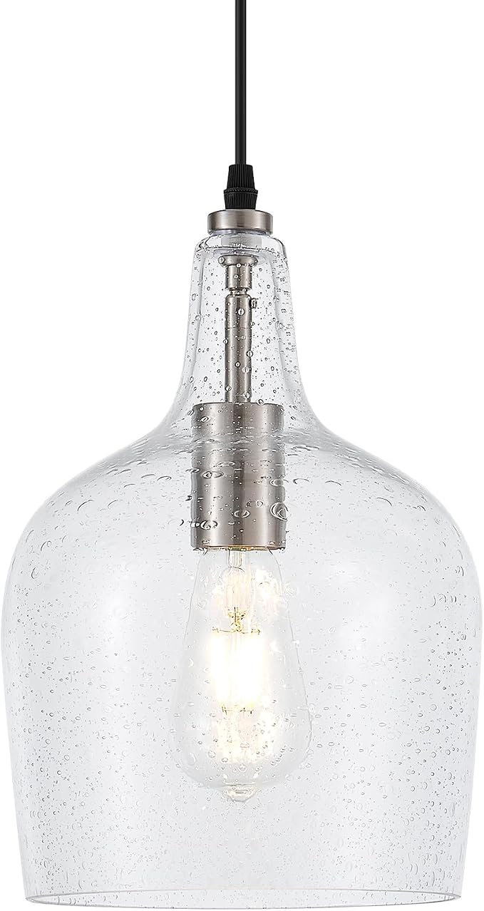 9” Brushed Nickel Seeded Glass Pendant Light Modern 1 Light Single Dome Pendent Lighting Fixtures for Kitchen Island Dining Room Hallway, UL Listed