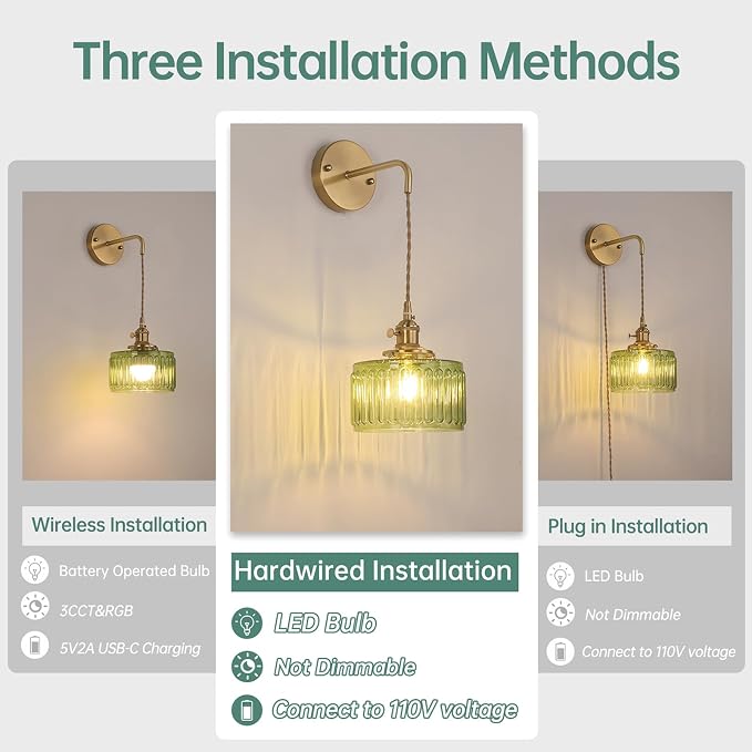 Shenmoyl Vintage Wall Sconce Wall Lamp with Green Striped Shade Pattern Glass Adjustable Chain Retro Gold Wall Mounted Light, Modern Wall Lamp Fixtures Decor for Bedside Bedroom Indoor Doorway