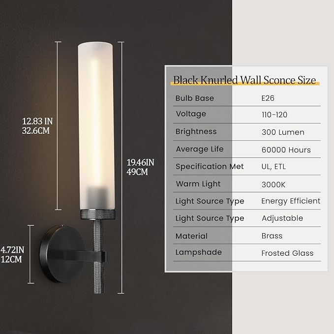 Bblack Knurled Wall Sconce 20", Bathroom Wall Sconce,Glass Tube Brass Sconces Wall Lighting,Bathroom Sconces Side of Mirror,Vanity Sconce Lights for Bath