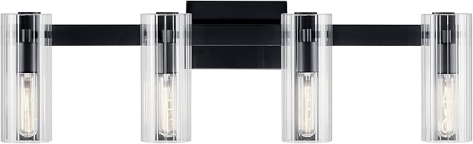 Kichler Jemsa 4 Light Vanity, Modern Light with Clear Fluted Glass in Black for Bathroom or Powder Room (9.75" x 32"), 55169BK