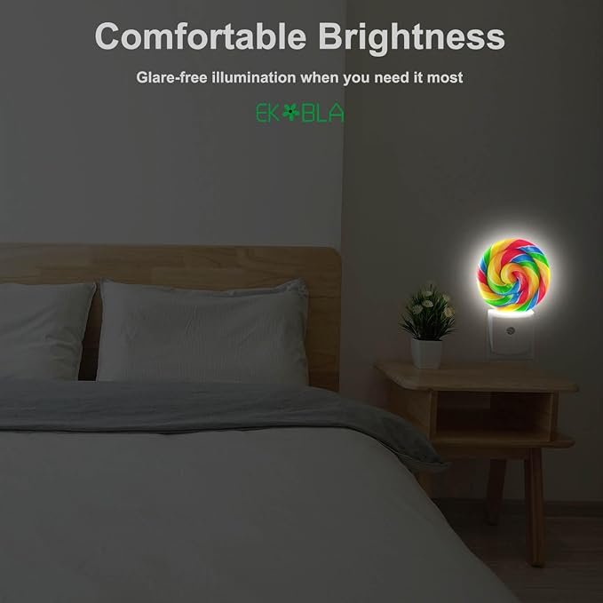 EKOBLA Lollipop Candy Night Light, Colorful Swirl Plug-in Night Lights with Dusk-to-Dawn Sensor for Women Girls Boys Gift, 0.5W Sleep Friendly for Bedroom Bathroom