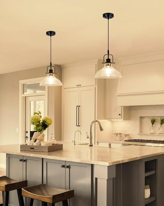 WILON Seeded Glass Pendant Lights Kitchen Island Lighting, Black Modern Farmhouse Pendant Light Fixture with E26 Base, Vintage Hanging Ceiling Lamp for Kitchen Sink Hallway Dining Room Entry Hall | 11'' Seeded Glass Shade, Adjustable Height, E26 Cerami...