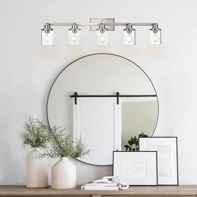 Yaohong 5-Light Brushed Nickel Track Lighting Fixture for Ceiling Mounting Bathroom Vanity Wall Scones with Rotatable Spotlight, Kitchen Track Lighting Fixture with Glass Shade for a Shop Hallway