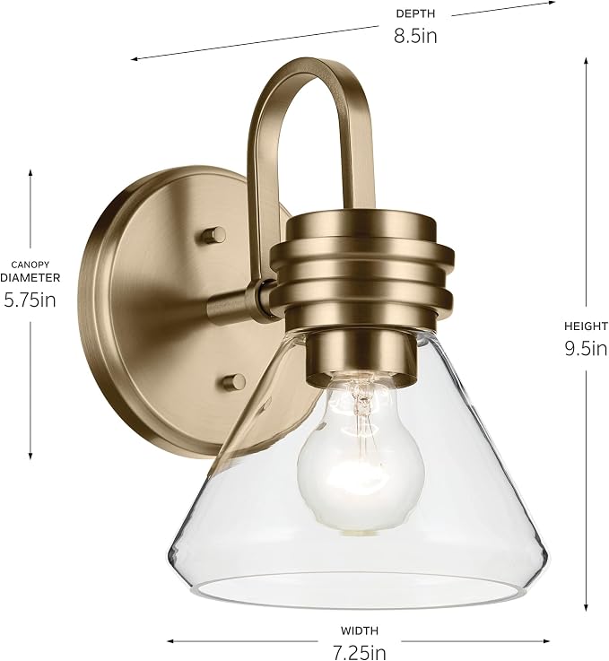 Kichler Farum 1-Light Bathroom Wall Light, Champagne Bronze | Modern wall light with clear glass for bathroom mirrors and powder rooms (7.25" x 9.5"), 55153CPZCLR