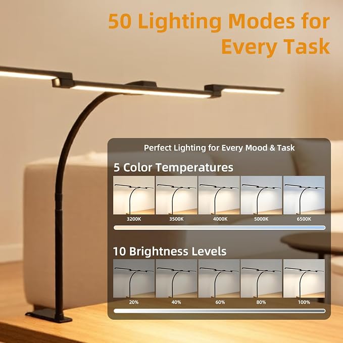 LED Desk Lamp with Clamp for Home Office, Wide Light for Dual Monitors | Wide triple-head lighting with 5 CCT, 10 brightness levels, flexible gooseneck, timer & memory for work or study