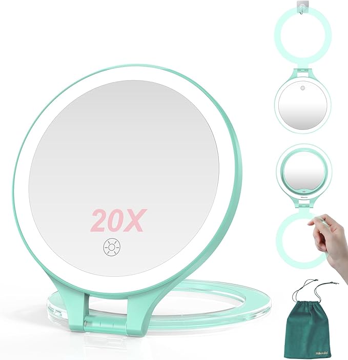 Mocado 1X/20X Magnifying Mirror with Light, Travel Makeup Mirror with Light | Double Sides Travel Mirror with 3 Color Light, Dimmable Touch, 1500mAh Rechargeable, Brightness Adjustable(Green)