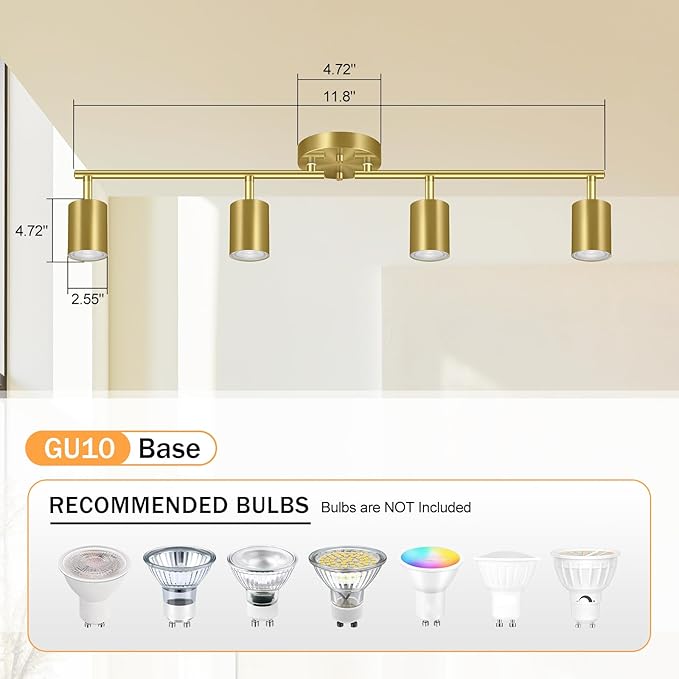 Track Lighting Ceiling Fixture Gold, Modern Kitchen Light Fixtures Ceiling, 4-Light Rotatable LED Track Lights, Semi Flush Wall Spotlight for Living Room/Hallway/Office(GU10 Socket, Bulb Not Included)