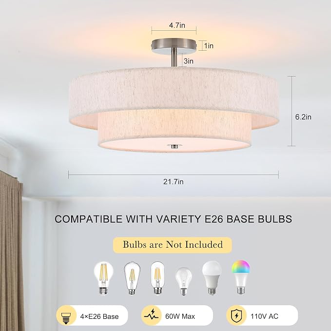 21.7" Large Chrome Flush Mount Ceiling Light, Linen 4-Light Fixture | Beige Linen Double Drum Shade, Modern For Bedroom, Living Room, Kitchen, Dining Room, Nursery,Close-To-Ceiling, E26, Dimmable