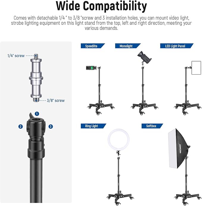 NEEWER Pack of 2 Heavy Duty Light Stands with Wheels, 2.4 Feet Max. Height, Foldable Tripod Stand for Low Angle Shooting, Light Stand for Softbox, Monolight and Other Photography Equipment, ST72
