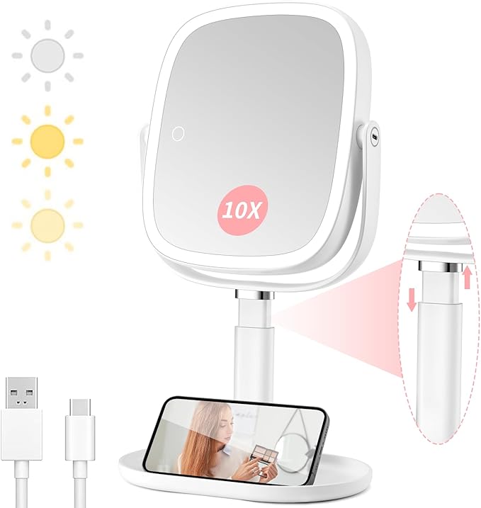 Lighted Makeup Mirror, 2600mAh Rechargeable 1x/10x Magnifying Vanity Mirror, 8.5" Height Adjustable Makeup Mirror with Lights 3 Color, 360° Rotation 2-Sided Light up Large Desk Mirror, Gifts for Women