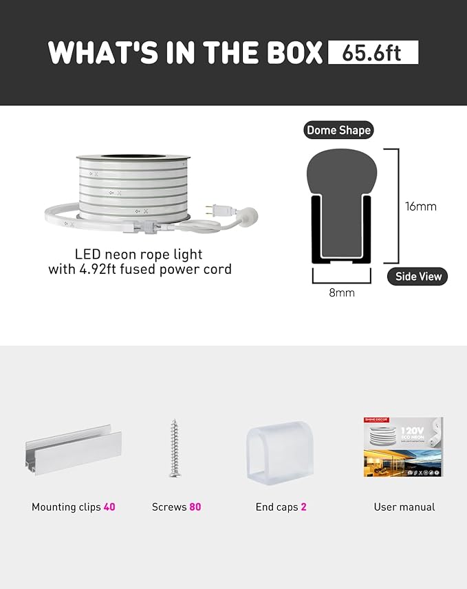 Shine Decor LED Rope Lights AC 120V, Connectable & Cuttable Dotless 120LEDs/M Eco Neon Strip Lighting, ETL IP65 Waterproof & Weather-Resistant for Home Commercial, 8x16mm, Pink, 65.6FT
