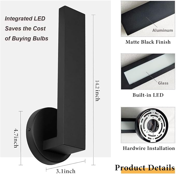 Aluminum LED 18W Modern Wall Sconces Set of 2 Black | Wall Lighting Indoor Outdoor Hardwired Wall Lights for Office,Porch, Bedroom, Bathroom, Living Room,Stairway