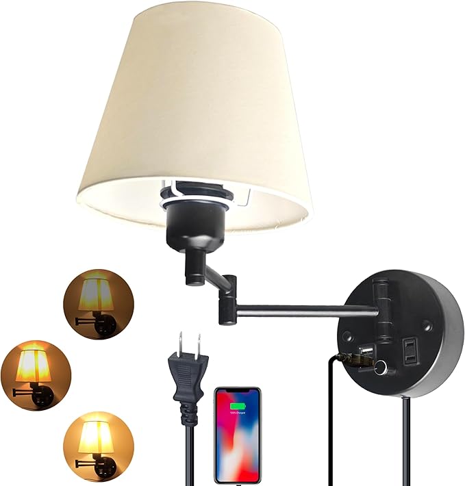 Wall Lamp Plug in with USB and 2 Pin Socket,Wall Mount Lights That Plug in Cord and Switch,Wall Mount Lights for Bedroom Reading Lamps,Nightstand(Bulbs Not Included)