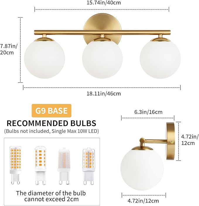 Globe Bathroom Light Fixtures 3-Light Brass Gold Vanity Light with Plastic Milk White Globe Shades 11.81 inch Wall Sconce Lighting Over Mirror, Vanity Lights for Bathroom Bedroom Hallway