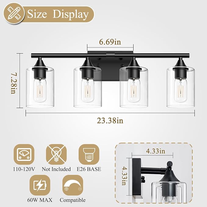 4-Light Bathroom Light Fixtures,Black Bathroom Vanity Light,Bathroom Lights Over Mirror with Clear Glass Shade,Modern Sconce Wall Lighting for Mirror Bedroom Vanity Hallway