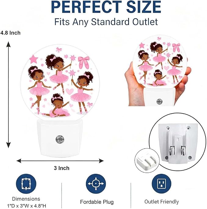 Night Lights Plug into Wall Cute Ballet Girls Cartoon Nightlight Round Lamp | Pink Plug in Night Lights for Wall Socket with Dusk-to-Dawn Sensor for Bedroom, Bathroom and Living Room