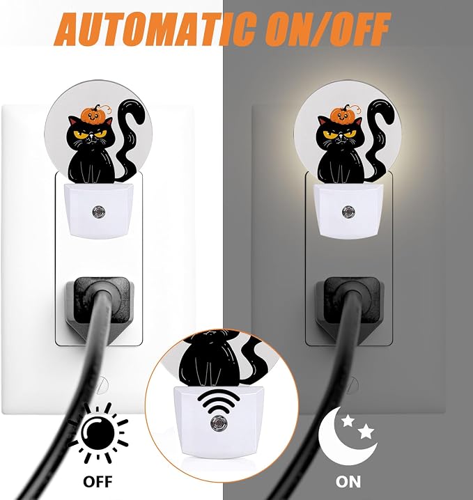 Black Cat Night Light,Halloween Pumpkins Nightlight Plug into Wall LED Lamp Auto Sensor Dusk to Dawn for Bedrooms/Kitchens/Toilets/Corridors,Energy-Saving