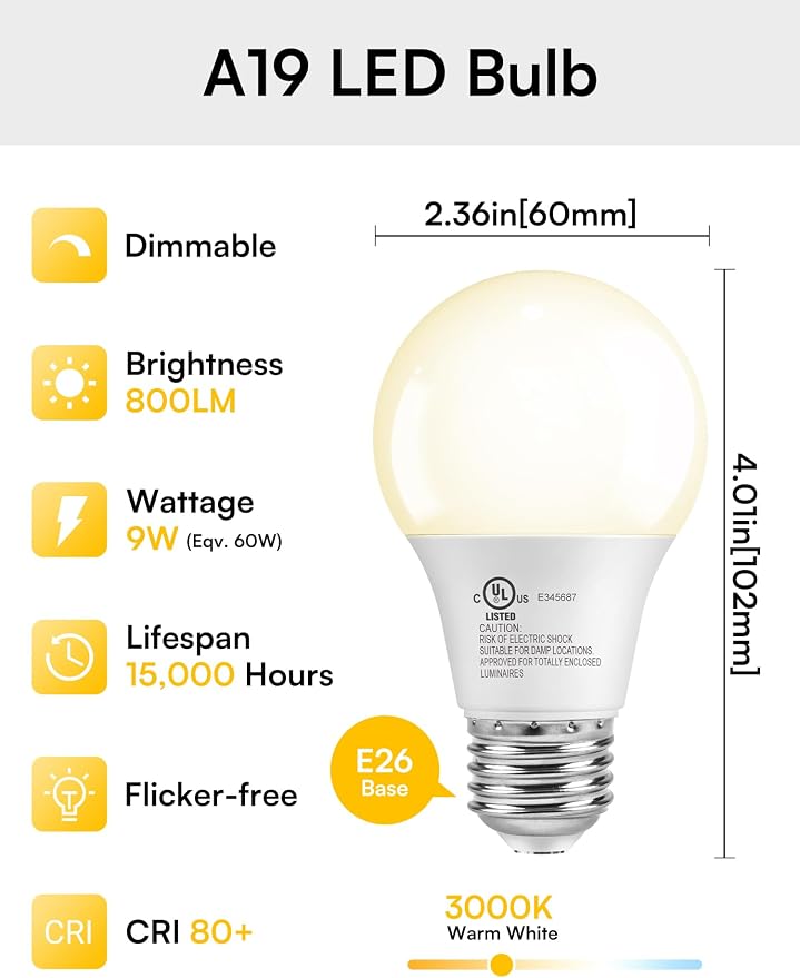 TJOY A19 Dimmable LED Light Bulb, 60 Watt Eq, Warm Soft White 3000K, E26 | 800 Lumens Standard Base, Energy Saving Lightbulbs, Efficient 9W, 120V, 15,000 Hour Lifetime, 4 Pack