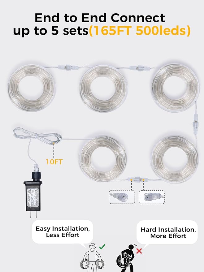 165FT 500LEDs Connectable Rope Lights Plug in,Warm White | Rope Lights for Outside,Waterproof 8 Modes Remote Tube Light for Indoor Outdoor Christmas Wedding Birthday Patio Porch Garden