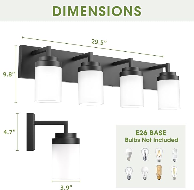 Bathroom Vanity Light, 4 Light Matte Black Vanity Light with White Matte Glass Shade, 30in Farmhouse Wall Light, Lighting Fixtures Over Mirror for Bathroom