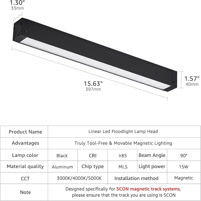 SCON 15W Adjustable CCT Linear LED Flood Light Lamp Head 4-Pack, 24V Magnetic Track Head, 3000K-5000K for Recessed/Ceiling Track Lighting Systems, Track Lighting Fixture for Kitchen Living Room Office
