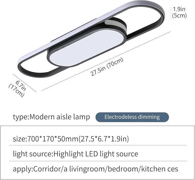 Tioolo Modern LED Ceiling Light, 27.5in Dimmable Linear Fixture with Remote | 3000K-6500K Flush Mount Ceiling Light, Black Acrylic Long Ceiling Light, Memory for Kitchen, Bedroom, Hallway, Closet, 40W