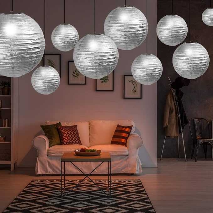 Silver Paper Lanterns 12 Pcs Assorted Size of 6" 8" 10" 12" Chinese Round Paper Hanging Decorations Ball Lanterns Lamps for Home Decorations, Parties, and Weddings