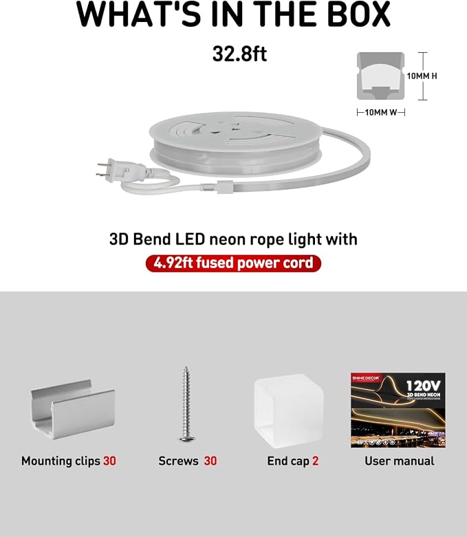 3D LED Neon Rope Light AC 120V 10x10mm, 2800K Warm White,32.8ft | Top & Side Bend, 400LM, Dotless, Driverless, IP65 Waterproof, Cold-Resistant, ETL Listed, Silicone Strip, for Home Commercial